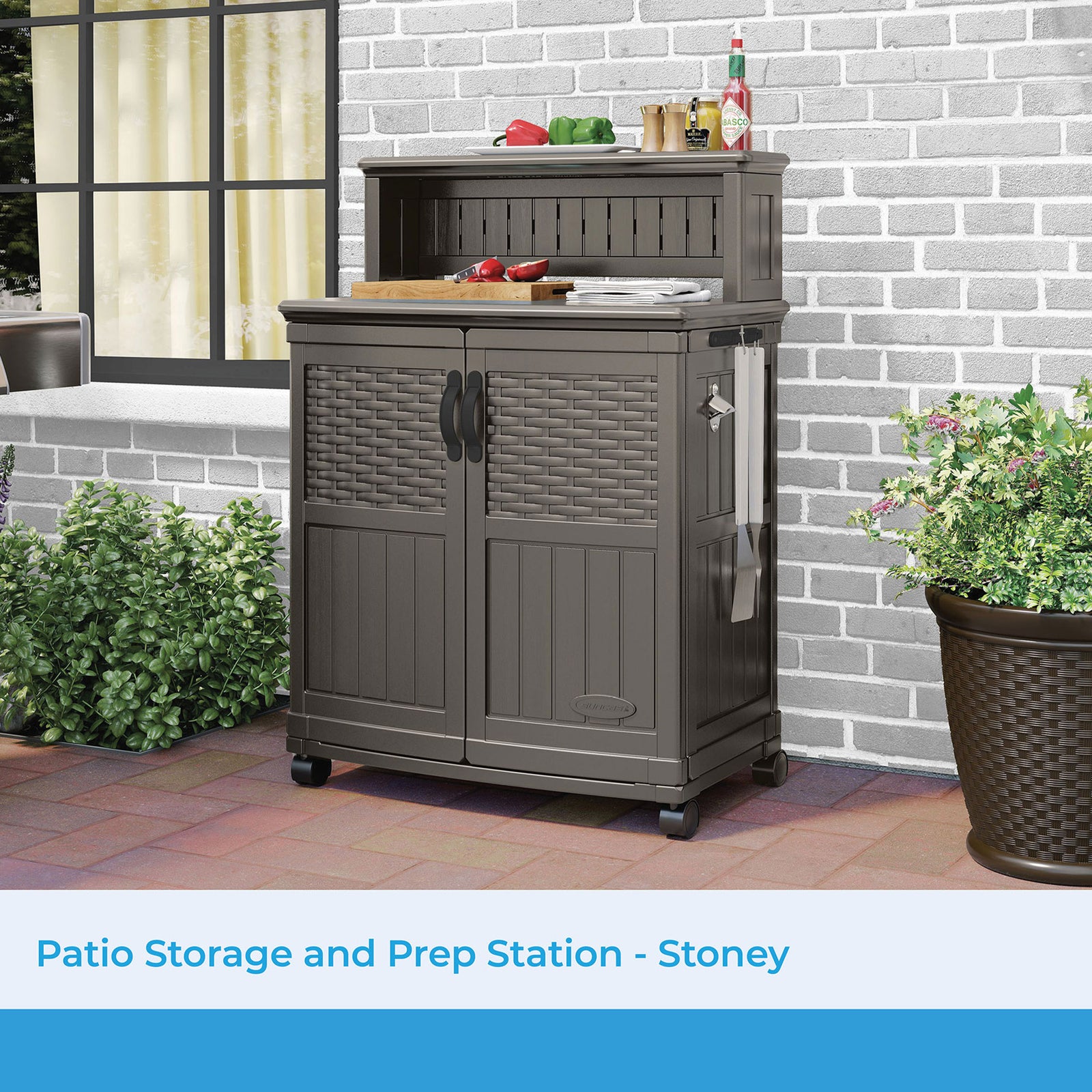 Suncast Patio Plastic Storage and Prep Station with Wicker Pattern, Stoney Gray - VMInnovations