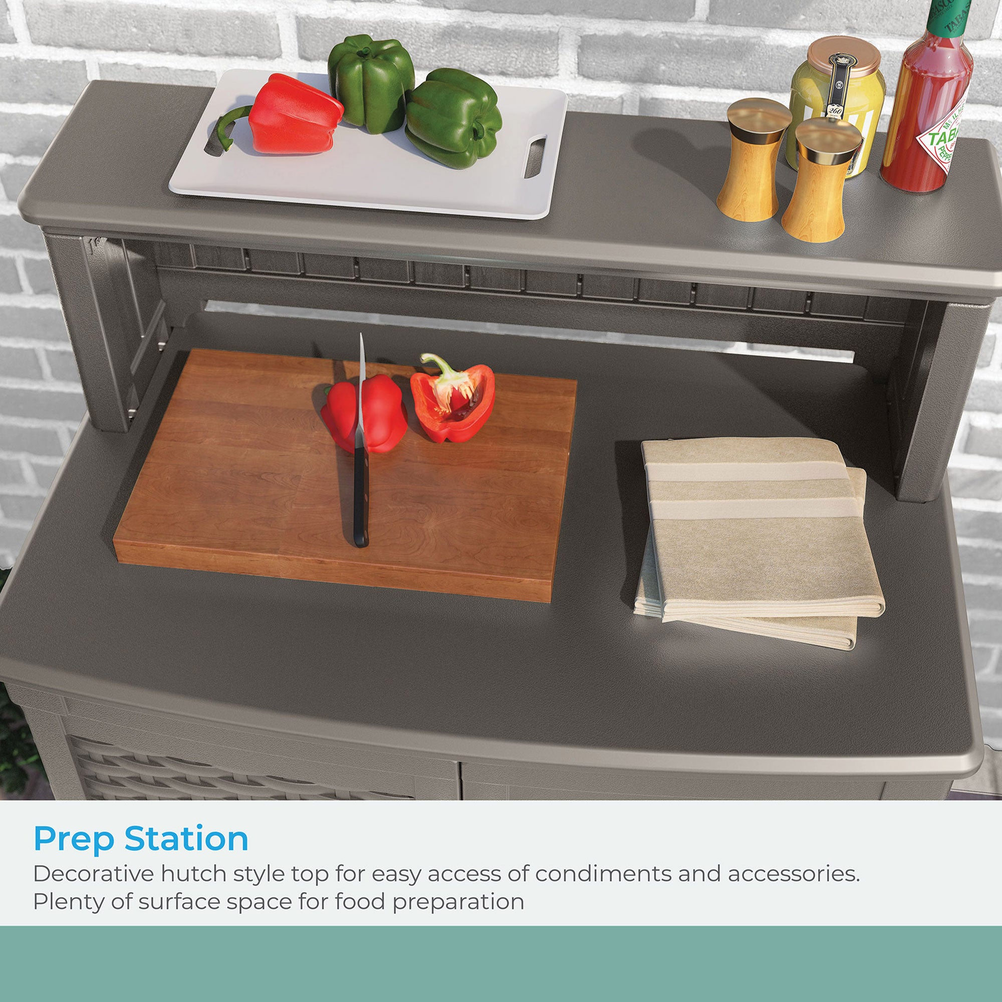 Suncast Patio Plastic Storage and Prep Station with Wicker Pattern, Stoney Gray - VMInnovations