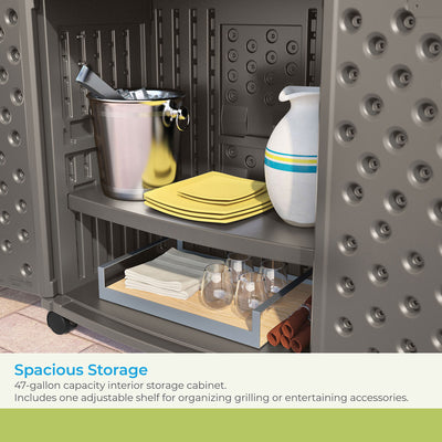 Suncast Patio Plastic Storage and Prep Station with Wicker Pattern, Stoney Gray - VMInnovations