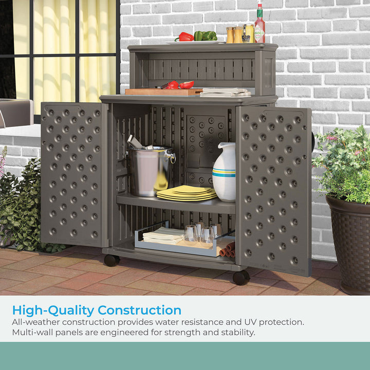 Suncast Patio Plastic Storage and Prep Station with Wicker Pattern, Stoney Gray