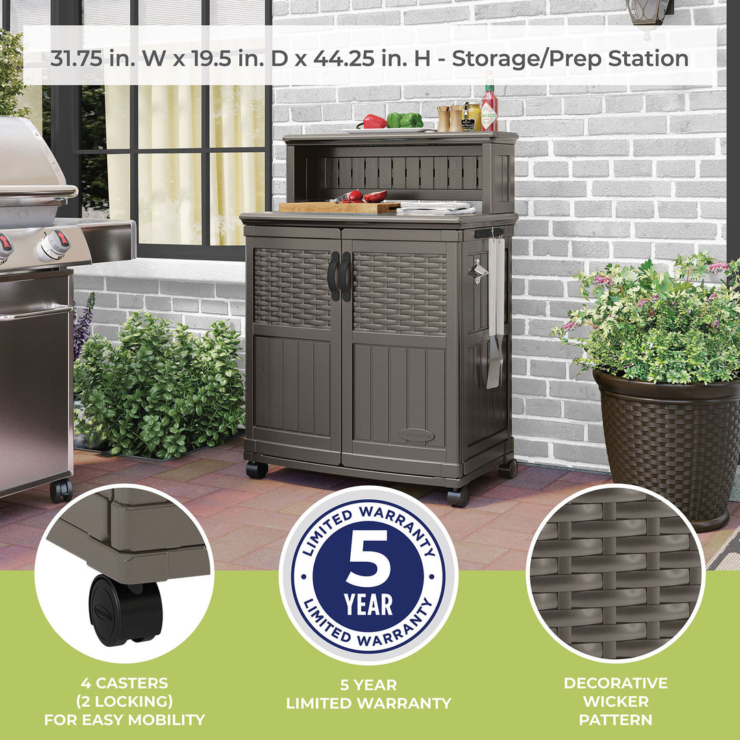 Suncast Patio Plastic Storage and Prep Station with Wicker Pattern, Stoney Gray