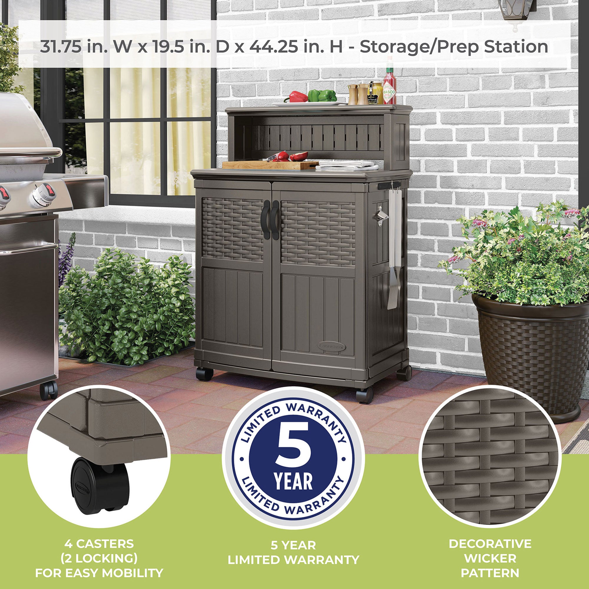 Suncast Patio Plastic Storage and Prep Station with Wicker Pattern, Stoney Gray - VMInnovations