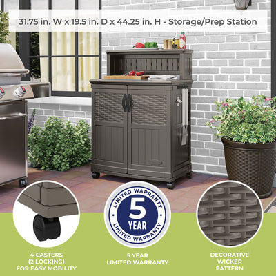 Suncast Patio Plastic Storage and Prep Station with Wicker Pattern, Stoney Gray - VMInnovations