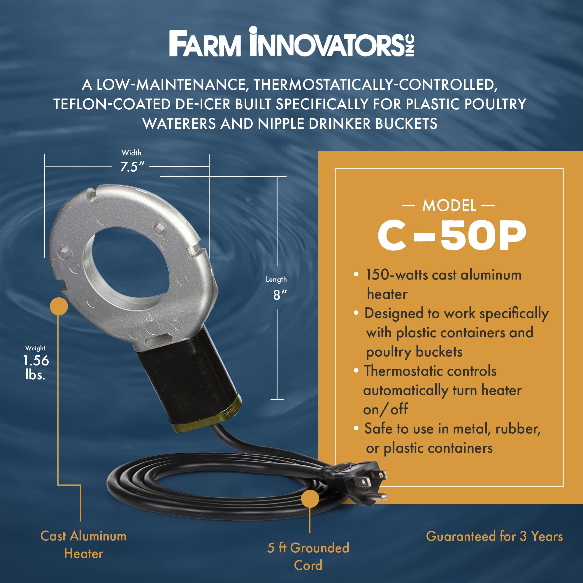 Farm Innovators Chicken Waterer De-Icer for Poultry Fountains, Silver and Black