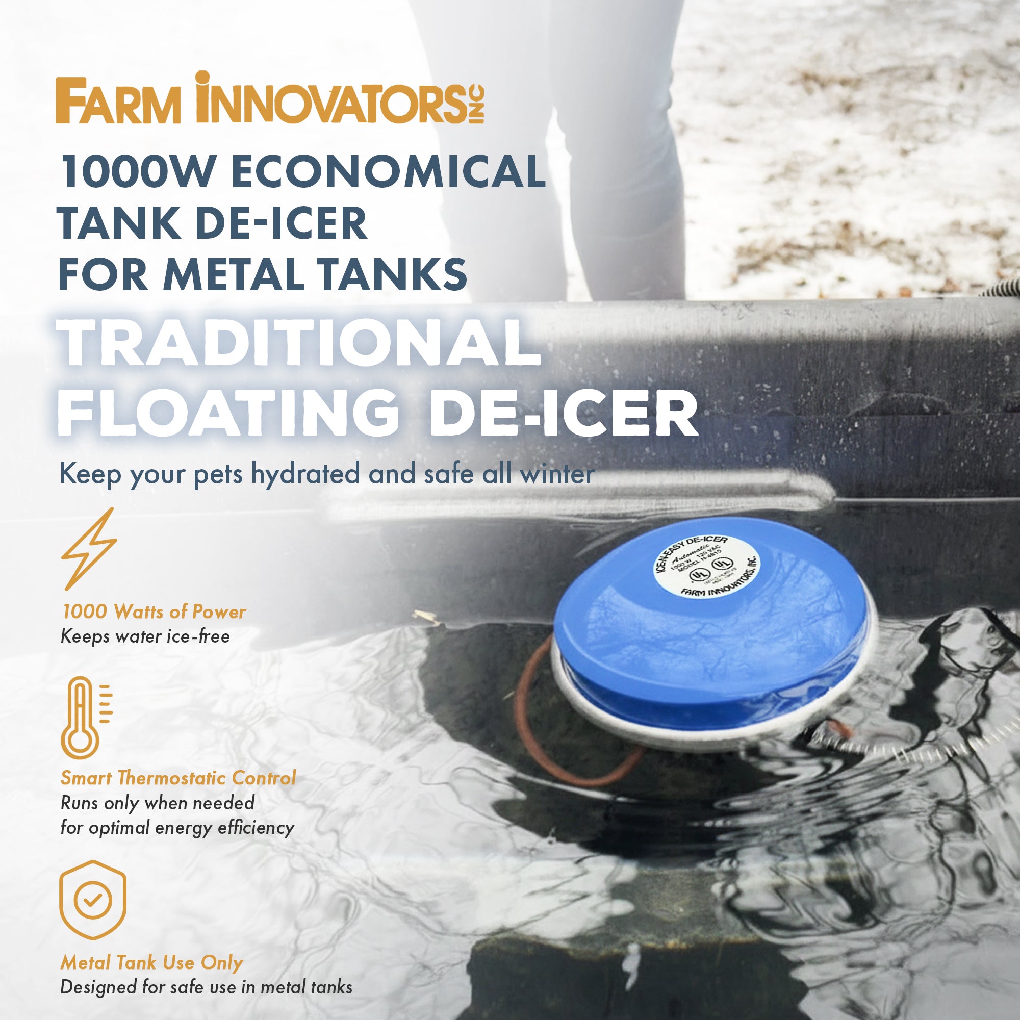 Farm Innovators Economical 1000 Watt Floating Tank De-Icer for Metal Tanks, Blue