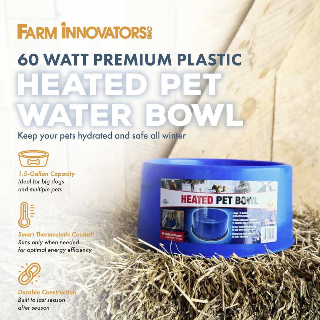 Farm Innovators 60 Watt Premium Plastic Heated Pet Dog and Cat Water Bowl, Blue