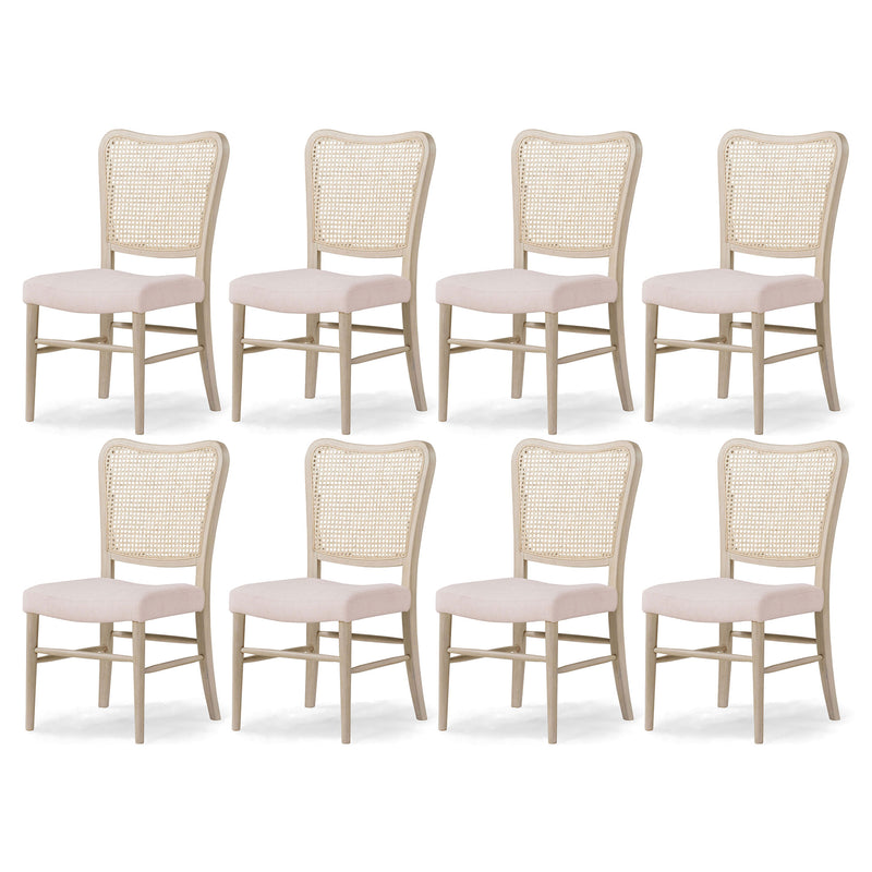 Maven Lane Vera Wood Dining Chair, Antique White & Cream Weave Fabric, Set of 8