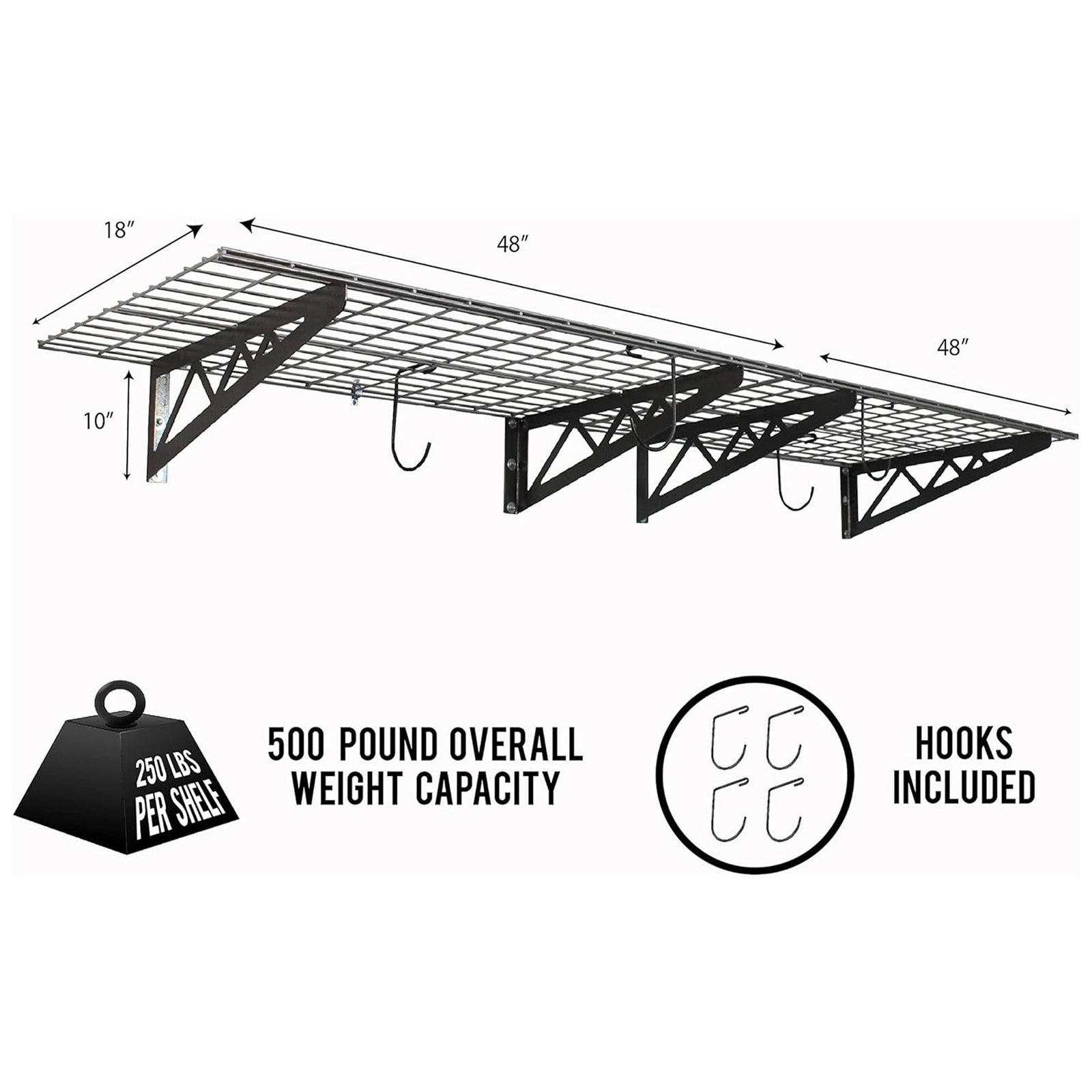 SafeRacks 18x48 Inch Garage Wall Mounted Wire Utility Shelf, Hammertone (2 Pack) - VMInnovations