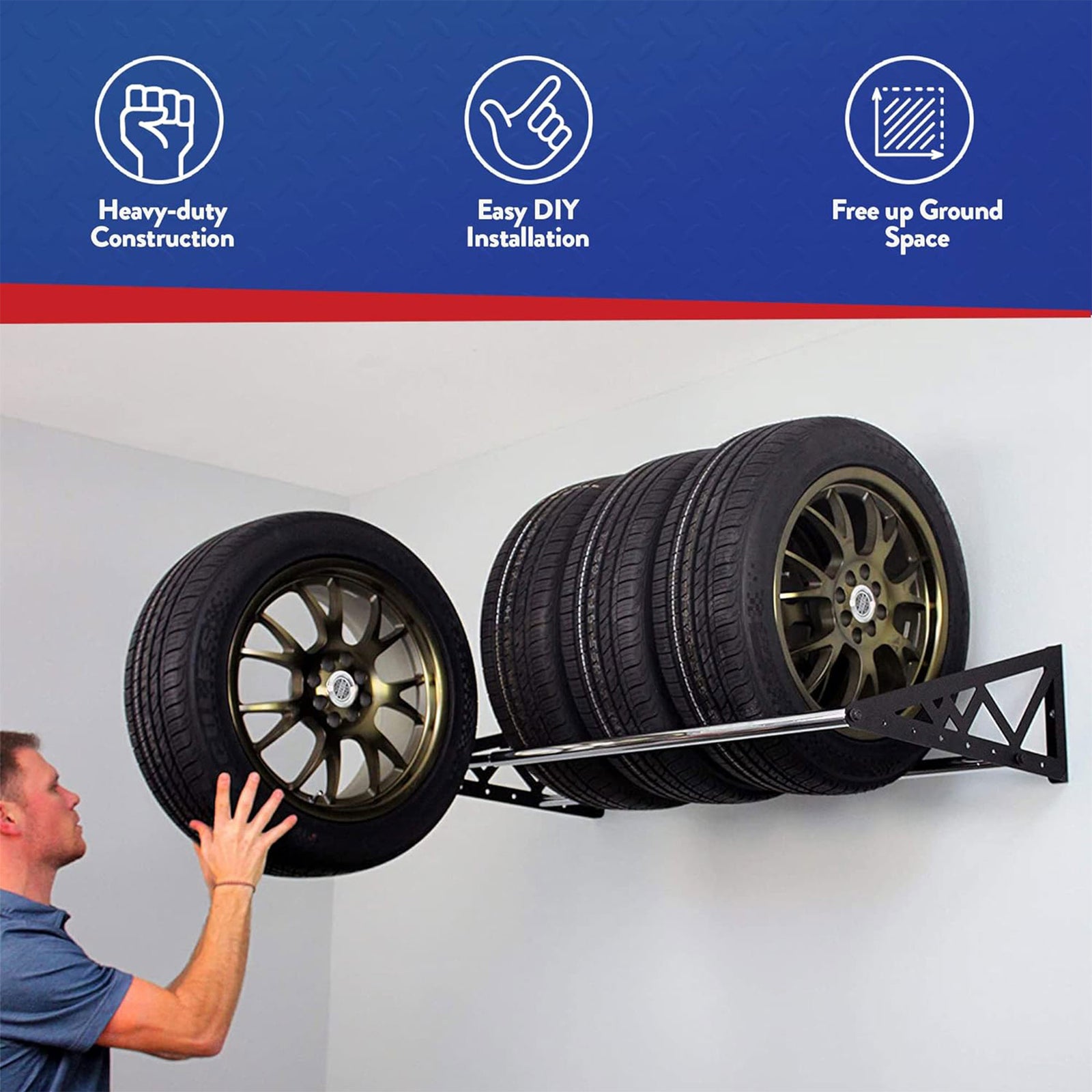 SafeRacks Adjustable Wall Mounted Tire Rack w/Brackets, Black (Open Box) - VMInnovations