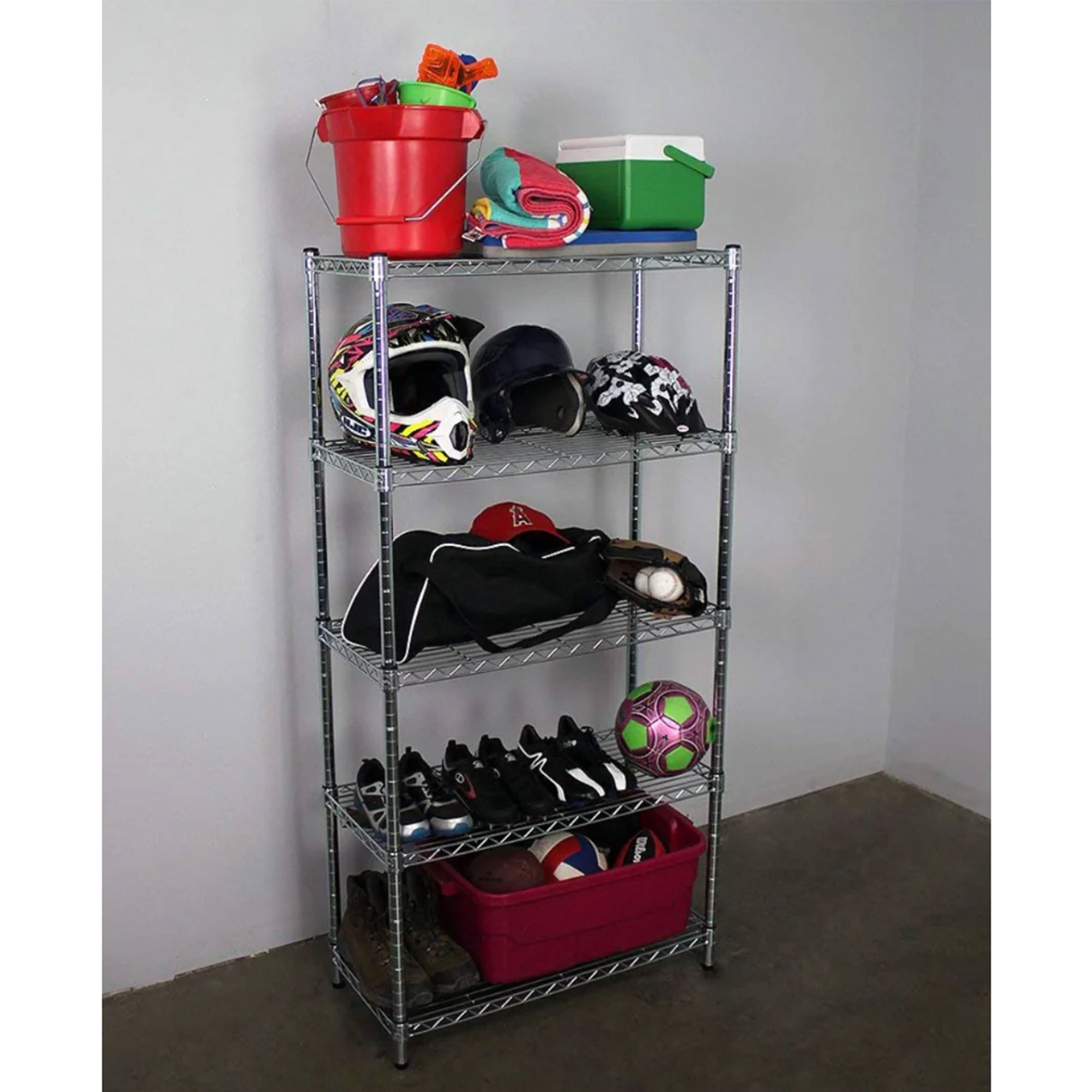 SafeRacks 4 Tier  Steel Wire Shelving Unit w/4 Leveling Feet, Silver (Open Box) - VMInnovations