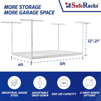 SafeRacks 4' x 6' Overhead Garage Storage Rack Holds Up to 500 Pounds, White