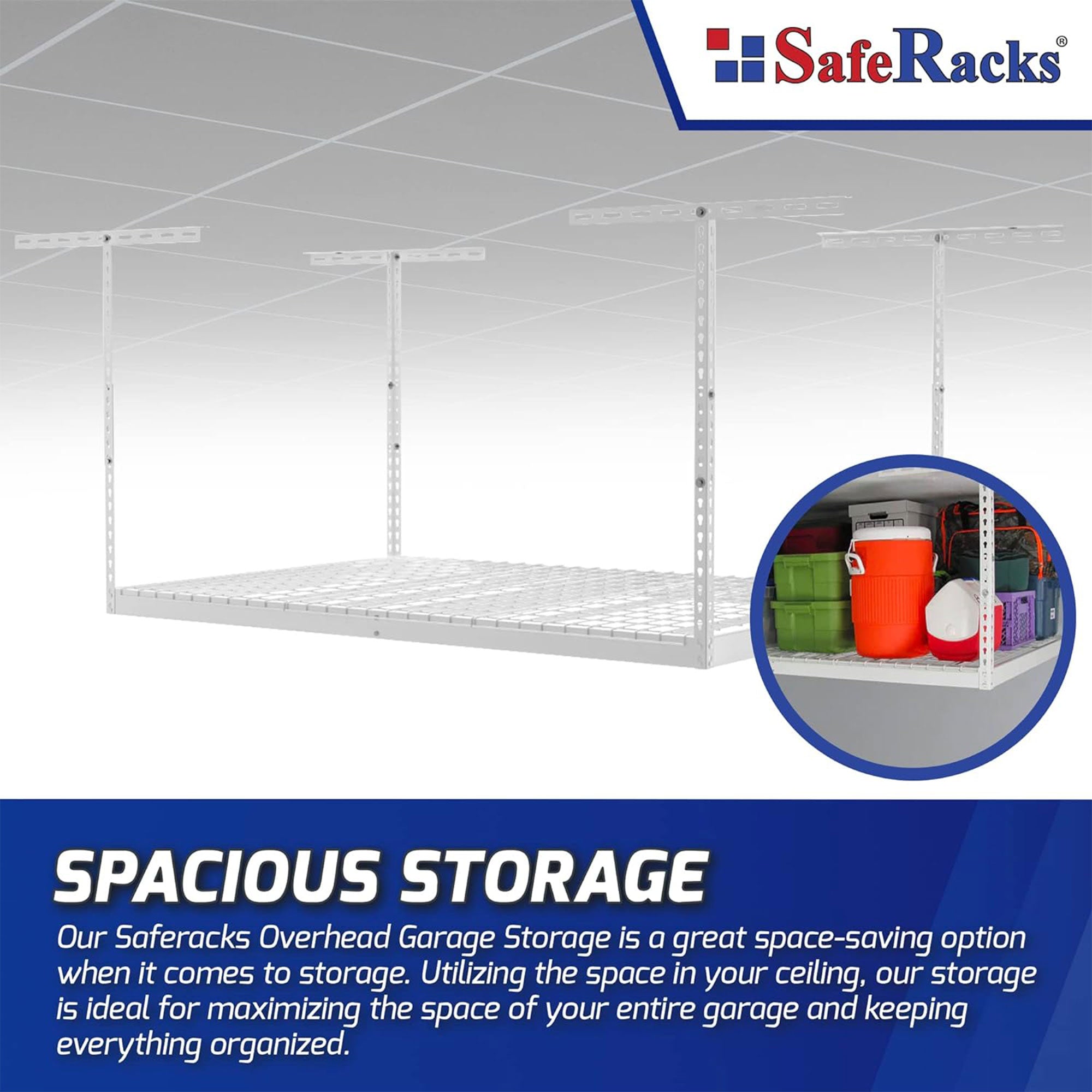 SafeRacks 4' x 6' Overhead Garage Storage Rack Holds Up to 500 Pounds, White