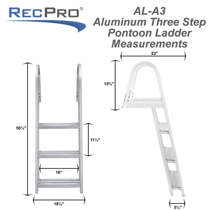 RecPro 3 Step Angled Aluminum Pontoon Dock and Boat Boarding Ladder, Silver