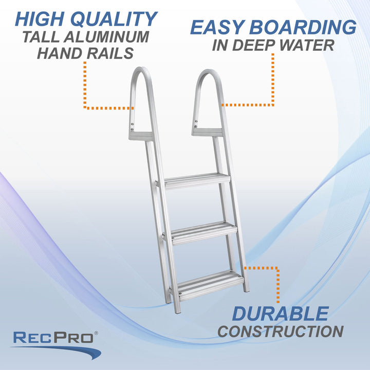 RecPro 3 Step Aluminum Pontoon Dock & Boat Boarding Ladder, Silver (Open Box) - VMInnovations