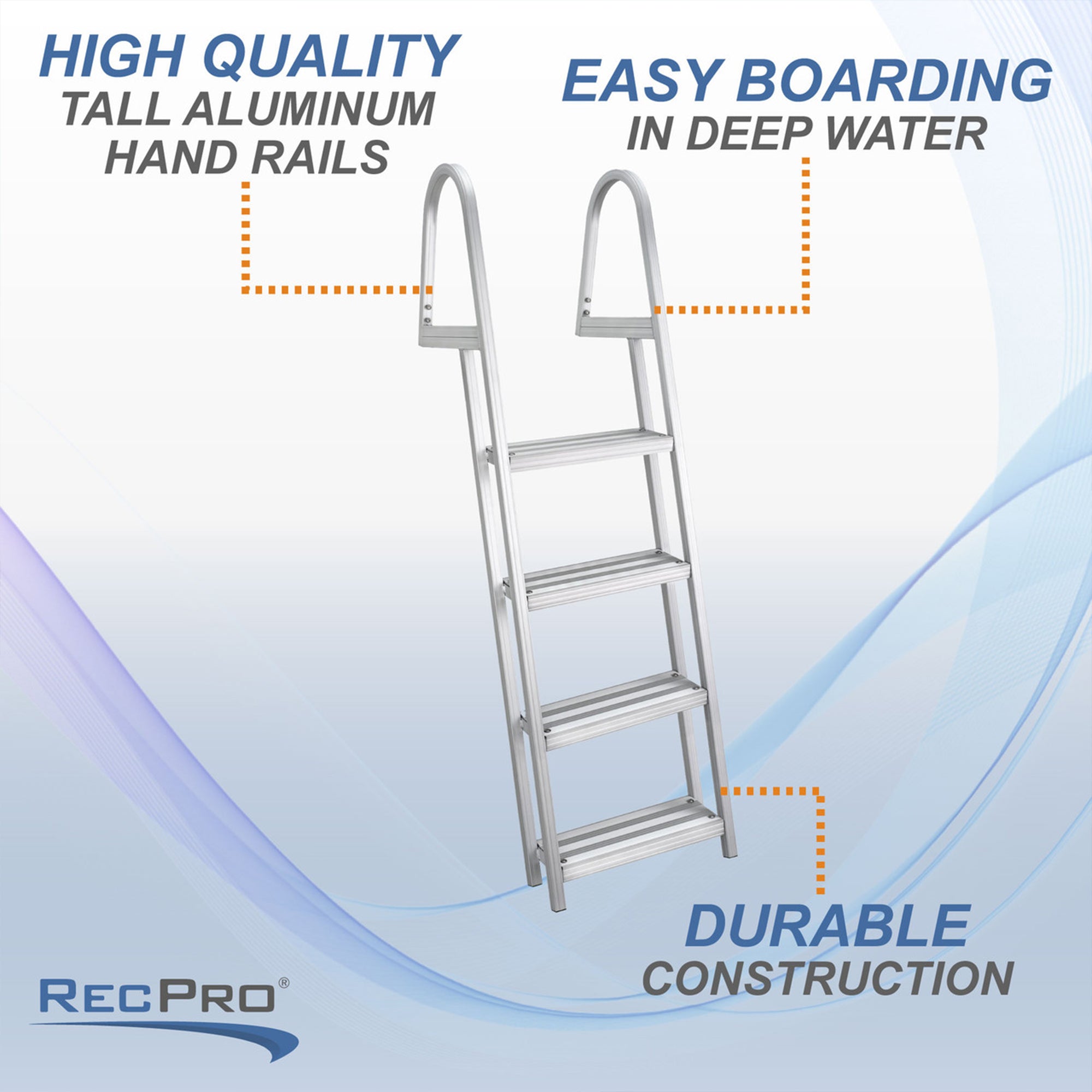 RecPro 4 Step Aluminum Pontoon Dock & Boat Boarding Ladder, Silver (Open Box) - VMInnovations