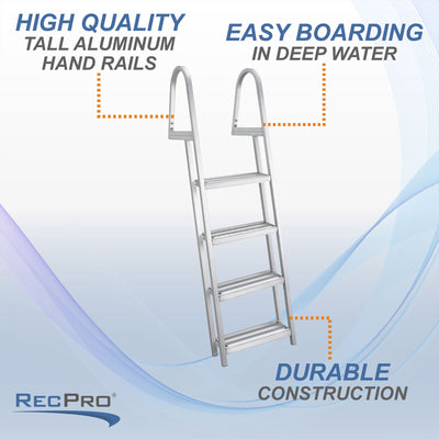 RecPro 4 Step Aluminum Pontoon Dock & Boat Boarding Ladder, Silver (Open Box) - VMInnovations