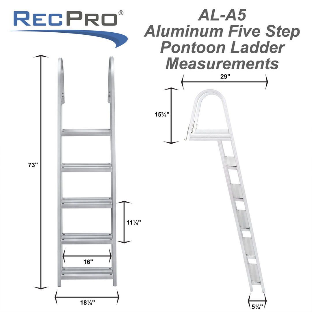 RecPro 5 Step Angled Aluminum Pontoon Dock and Boat Boarding Ladder, Silver