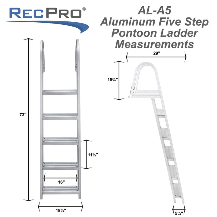 RecPro 5 Step Angled Aluminum Pontoon Dock and Boat Boarding Ladder, Silver