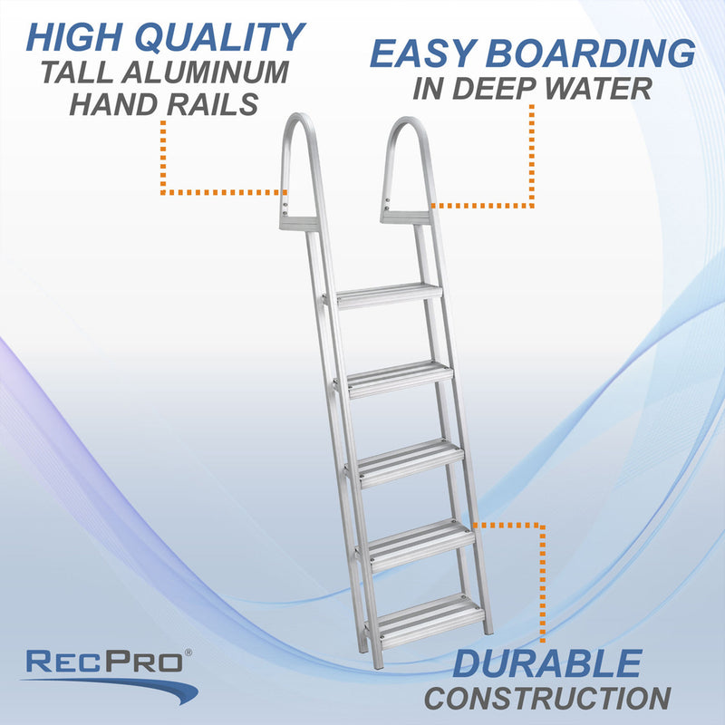 RecPro 5 Step Angled Aluminum Pontoon Dock and Boat Boarding Ladder, Silver