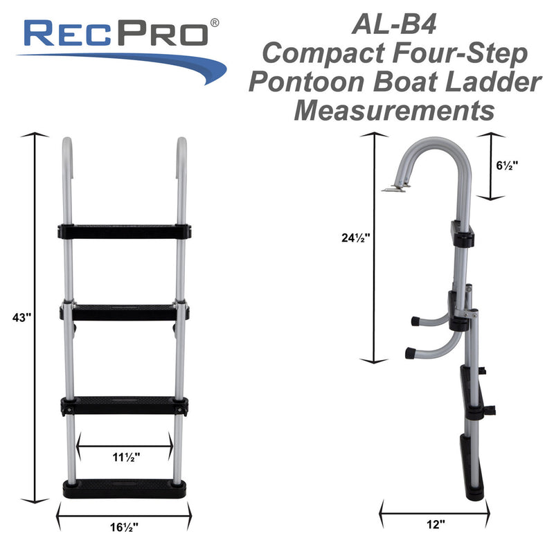 RecPro Compact Space Saving Aluminum 4-Step Pontoon Boat Ladder w/Plastic Steps