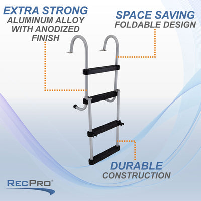 RecPro Space Saving Aluminum 4-Step Boat Ladder w/Plastic Steps (Open Box)