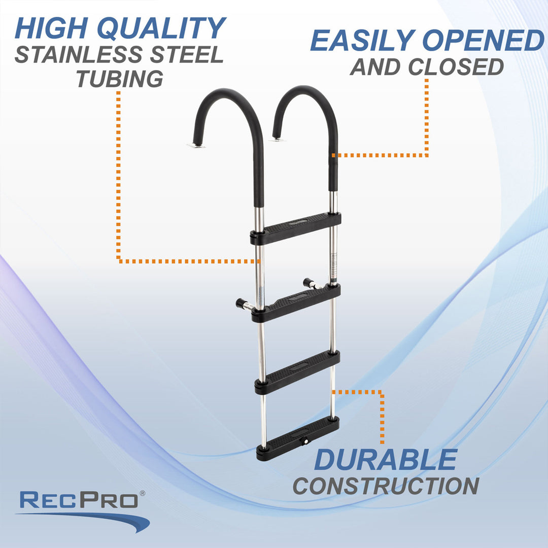 RecPro Compact Stainless Steel Heavy Duty 4 Step Pontoon Boat Ladder (Open Box) - VMInnovations
