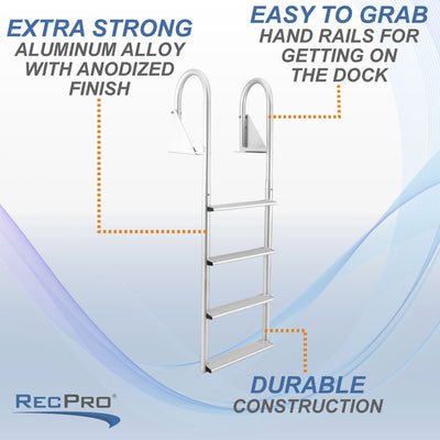 RecPro 4 Step Aluminum Marine Grade Dock Pier Flip Up Ladder, Silver (Open Box)