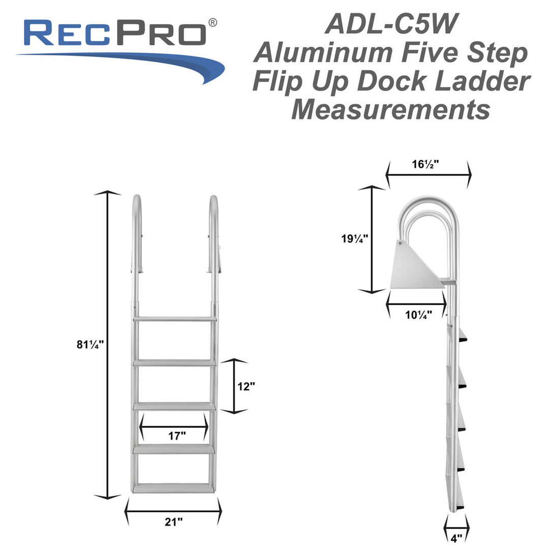 RecPro 5 Step Aluminum Marine Grade Dock Pier Attachment Flip Up Ladder, Silver