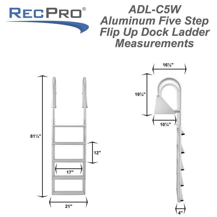 RecPro 5 Step Aluminum Marine Grade Dock Pier Attachment Flip Up Ladder, Silver