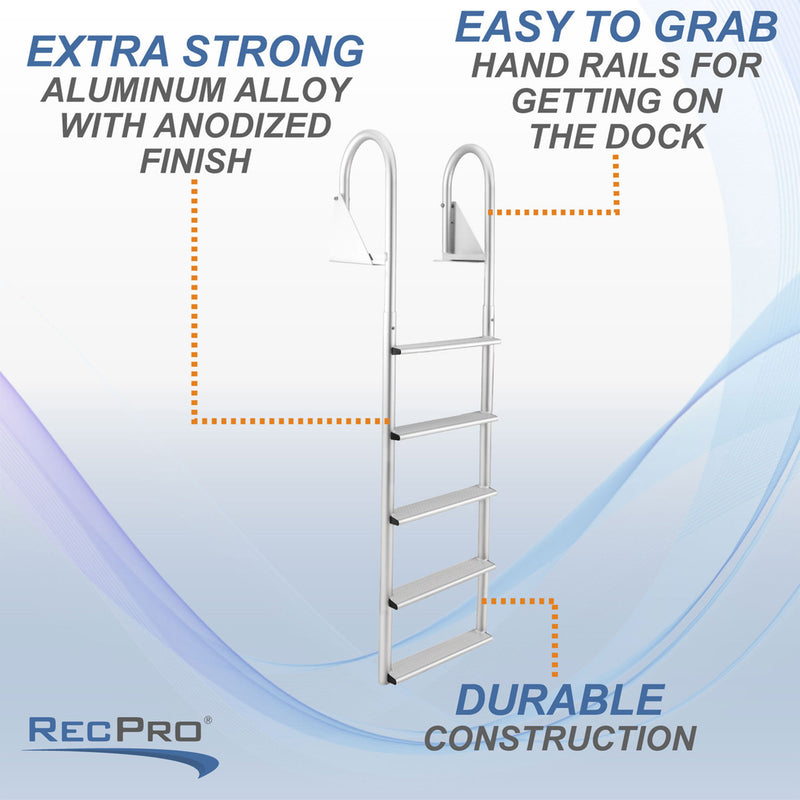 RecPro 5 Step Aluminum Marine Grade Dock Pier Attachment Flip Up Ladder, Silver