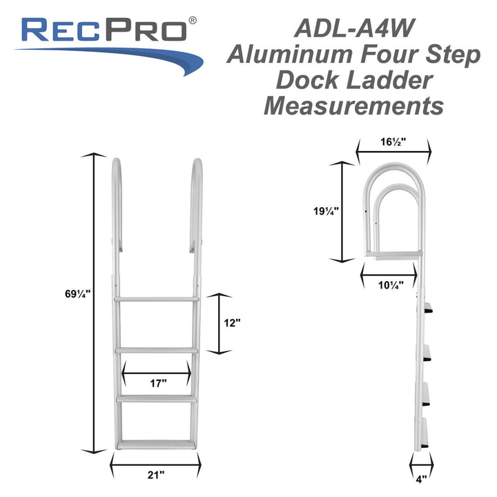 RecPro 4 Step Aluminum Marine Grade Dock and Pier Stationary Ladder, Silver