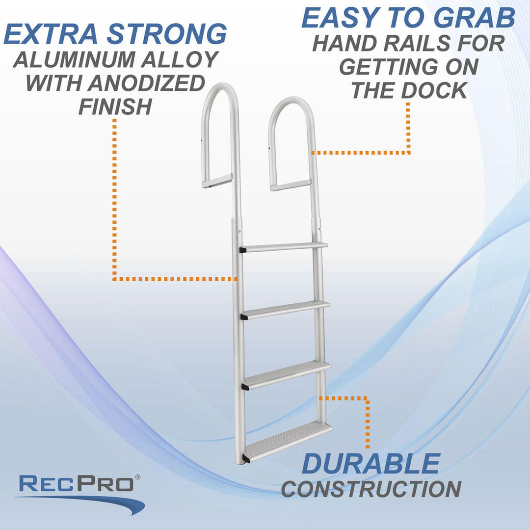 RecPro 4 Step Aluminum Marine Grade Dock and Pier Stationary Ladder, Silver