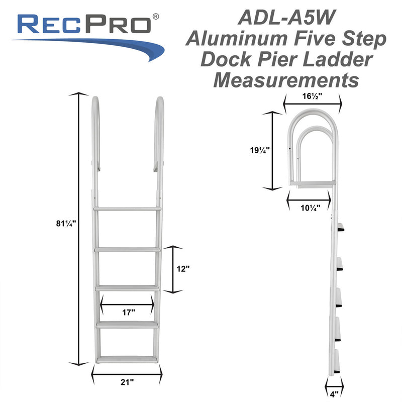 RecPro 5 Step Aluminum Marine Grade Dock and Pier Stationary Ladder, Silver