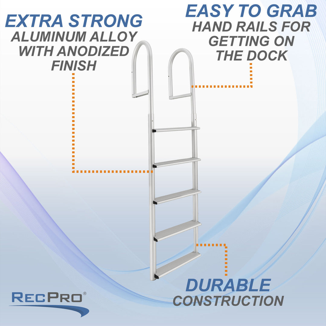 RecPro 5 Step Aluminum Marine Grade Dock and Pier Stationary Ladder, Silver