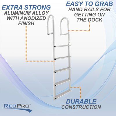 RecPro 5 Step Aluminum Marine Grade Dock and Pier Stationary Ladder, Silver - VMInnovations