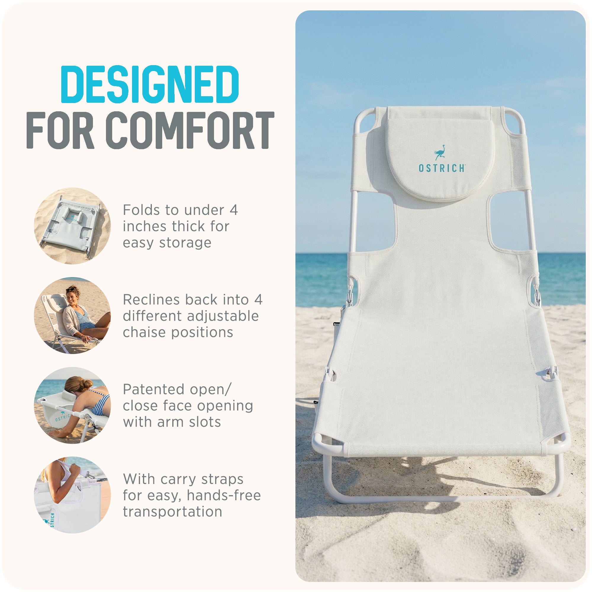 Ostrich Lounge Versatile Facedown Beach Camping Pool Tanning Chair, White (Used) - VMInnovations