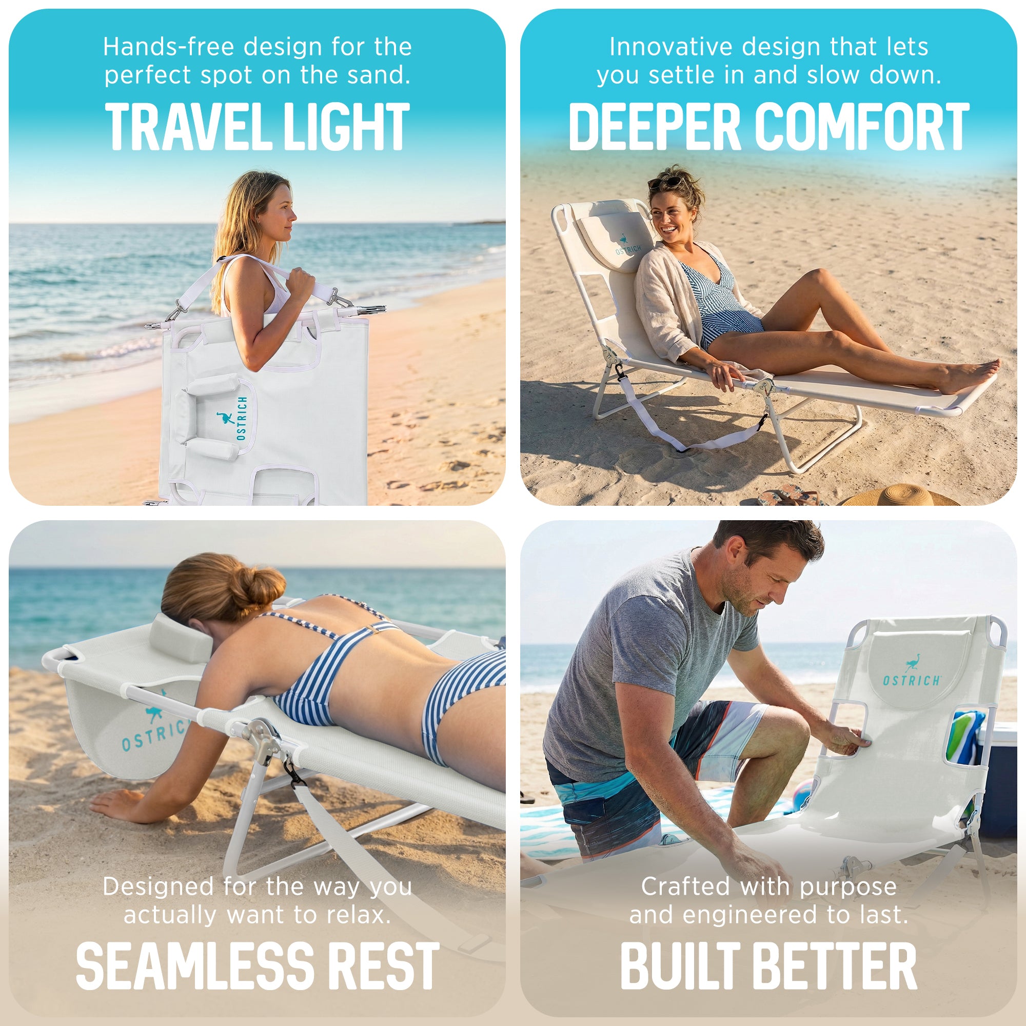 Ostrich The Original Chaise Lounge, Facedown Beach Pool Tanning Chair, White - VMInnovations