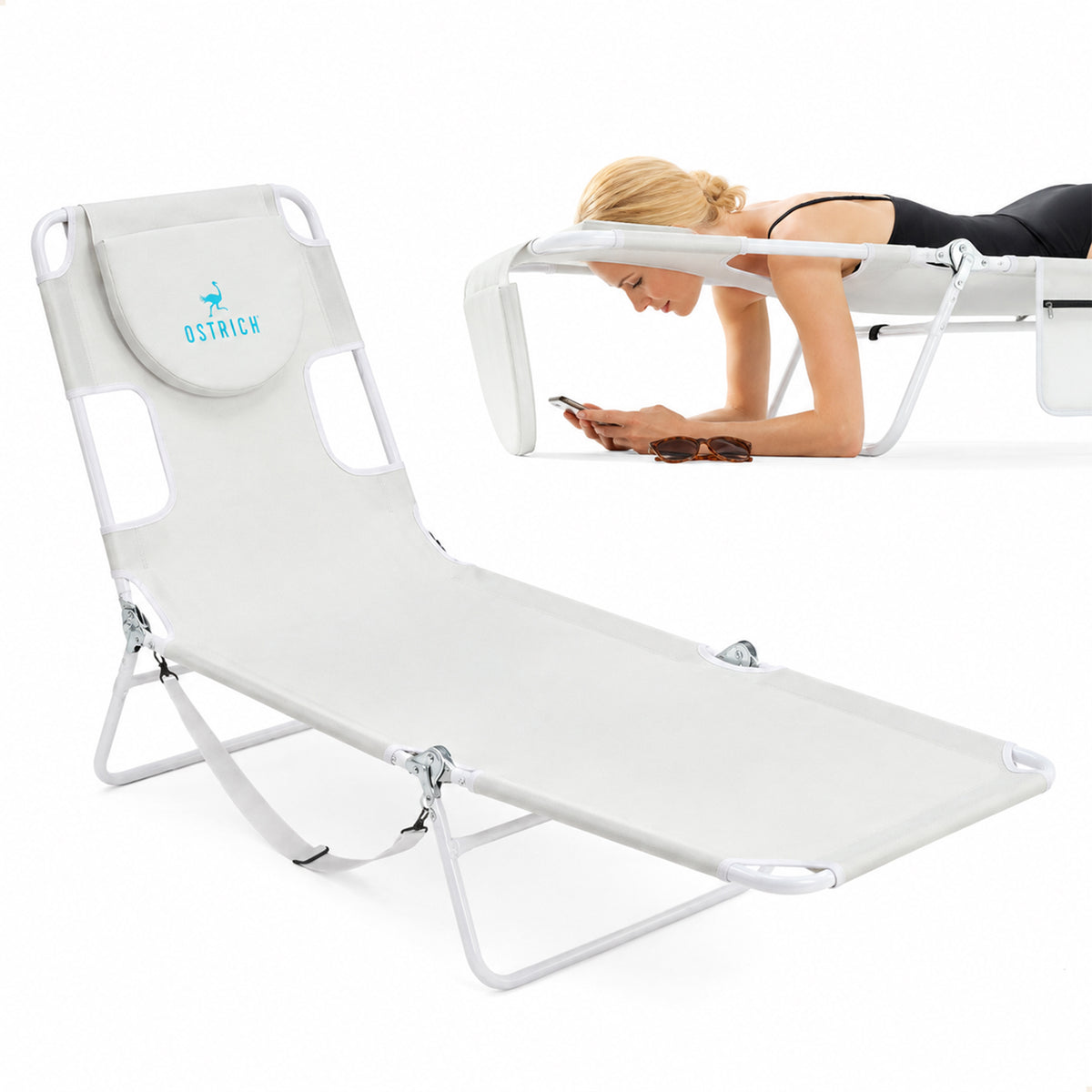 Ostrich Lounge Versatile Facedown Beach Tanning Chair, White (Open Box) - VMInnovations