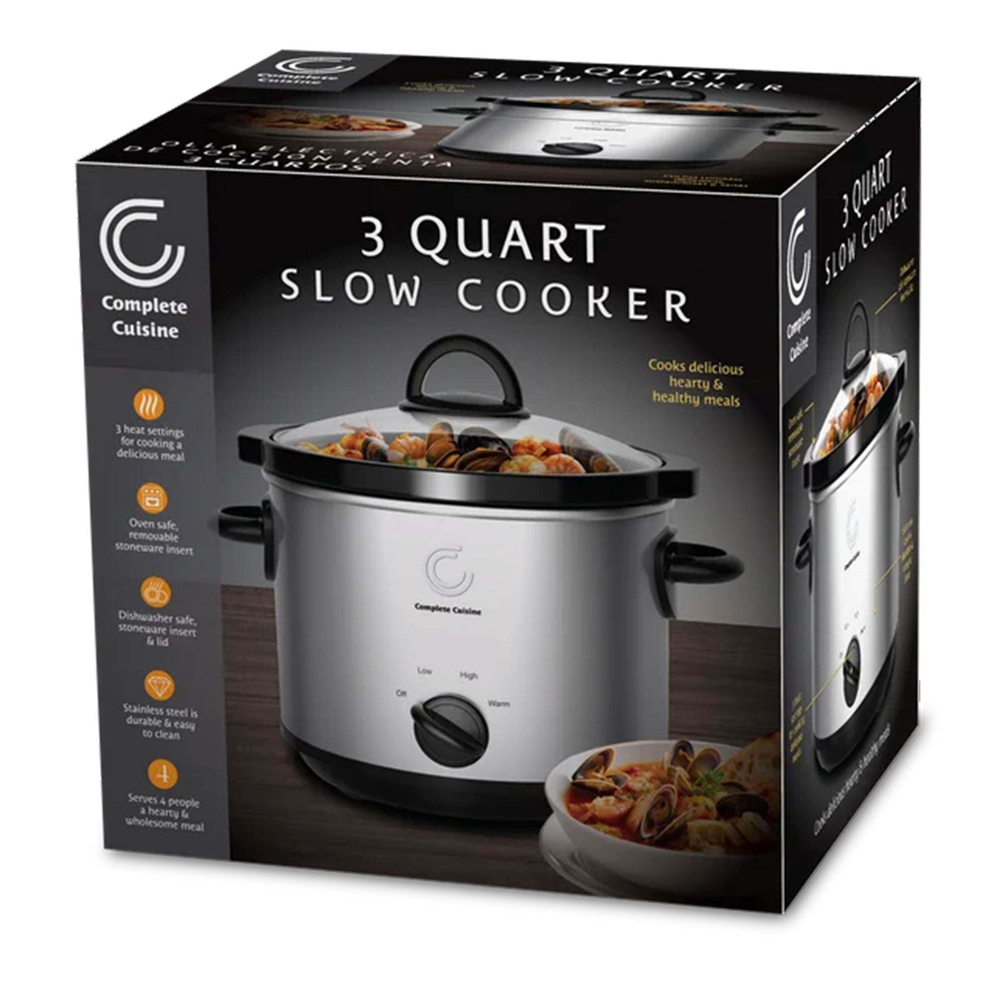 Complete Cuisine CC-3000-SL 3-Quart Round Stainless-Steel Slow Cooker (Open Box) - VMInnovations
