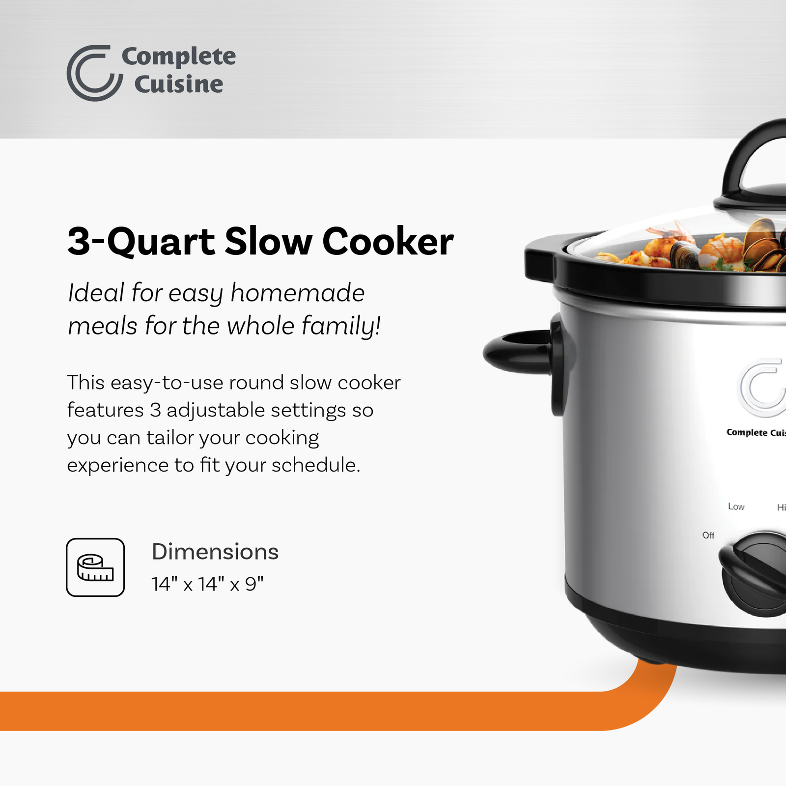 Complete Cuisine CC-3000-SL 3-Quart Round Stainless-Steel Slow Cooker (Open Box) - VMInnovations