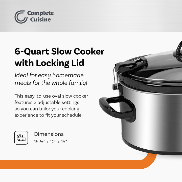 Complete Cuisine CC-SL-6100-LL-SS 6-Quart Oval Slow Cooker Pot with Locking Lid