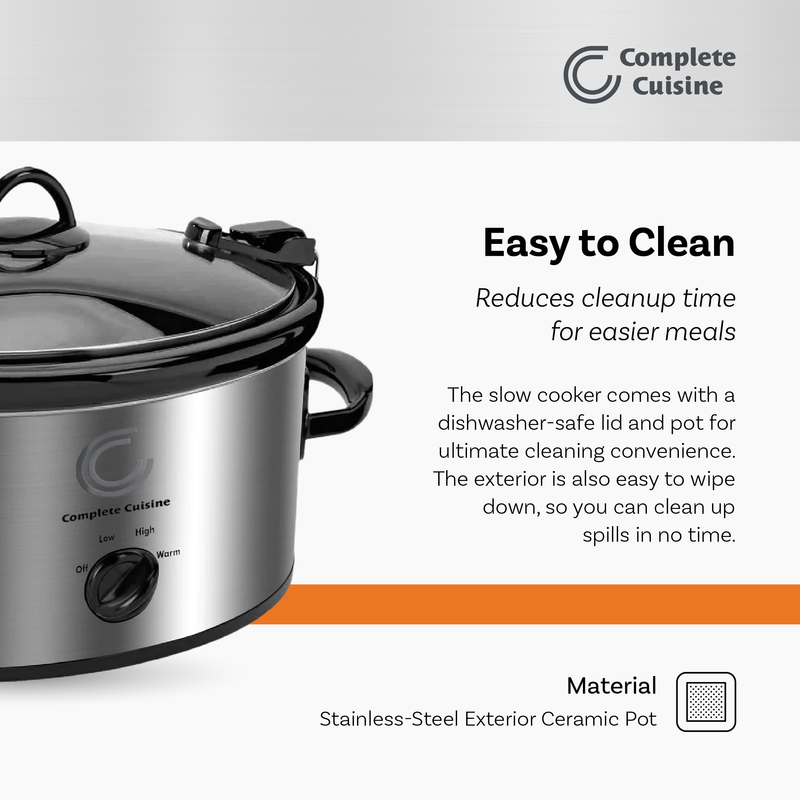 Complete Cuisine CC-SL-6100-LL-SS 6-Quart Oval Slow Cooker with Locking Lid