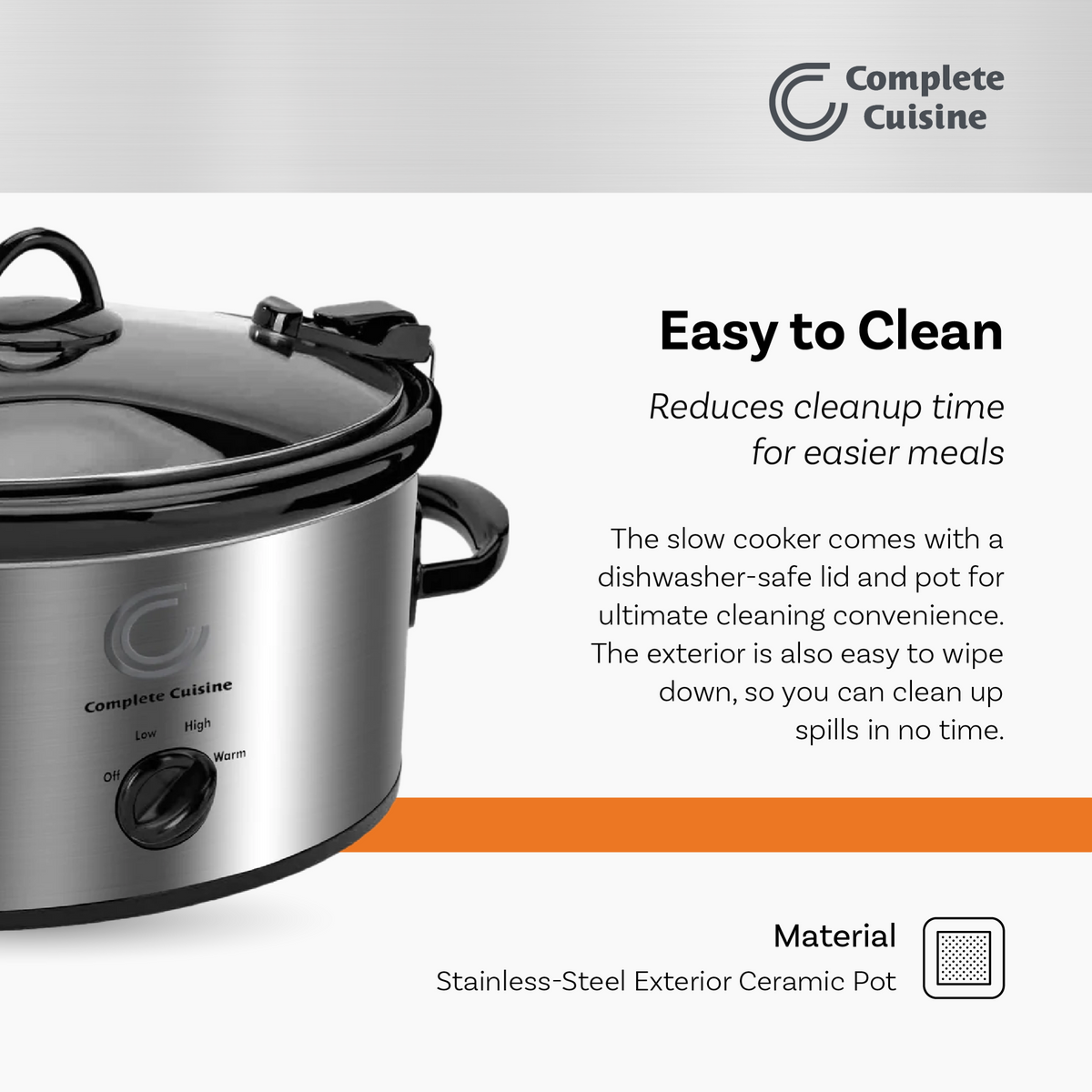 Complete Cuisine CC-SL-6100-LL-SS 6-Quart Oval Slow Cooker Pot with Locking Lid - VMInnovations