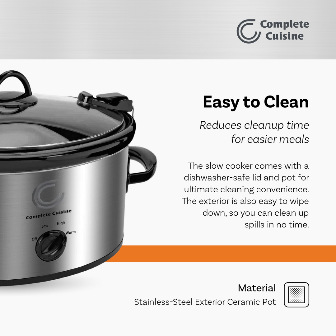 Complete Cuisine CC-SL-6100-LL-SS 6-Quart Oval Slow Cooker Pot with Locking Lid