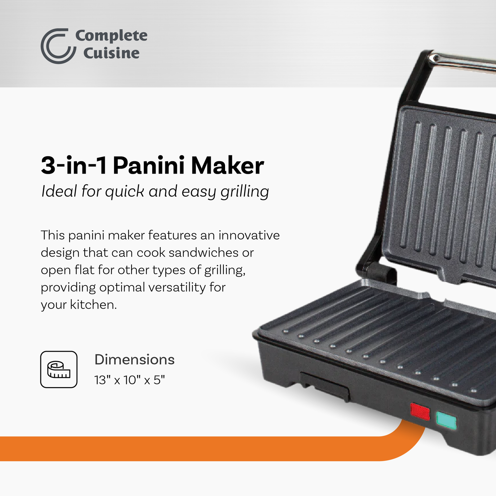 Complete Cuisine CC-PN1200 Nonstick Panini Maker Sandwich Press (Open Box) - VMInnovations