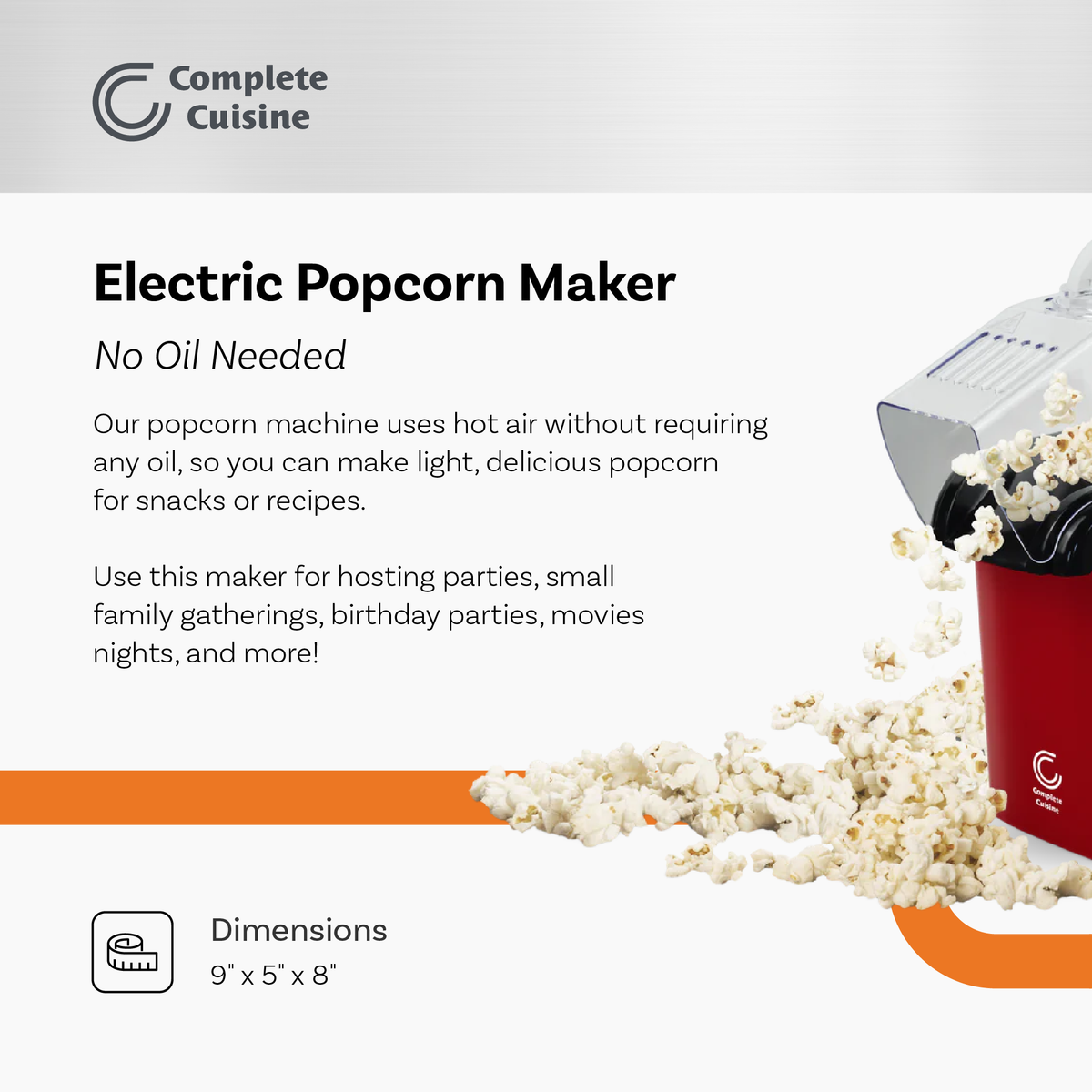 Complete Cuisine CC-PM1100 Hot-Air Countertop Popcorn Maker, Red - VMInnovations