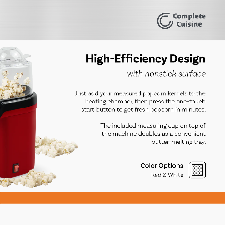 Complete Cuisine CC-PM1100 Hot-Air Countertop Popcorn Maker, Red (Open Box)