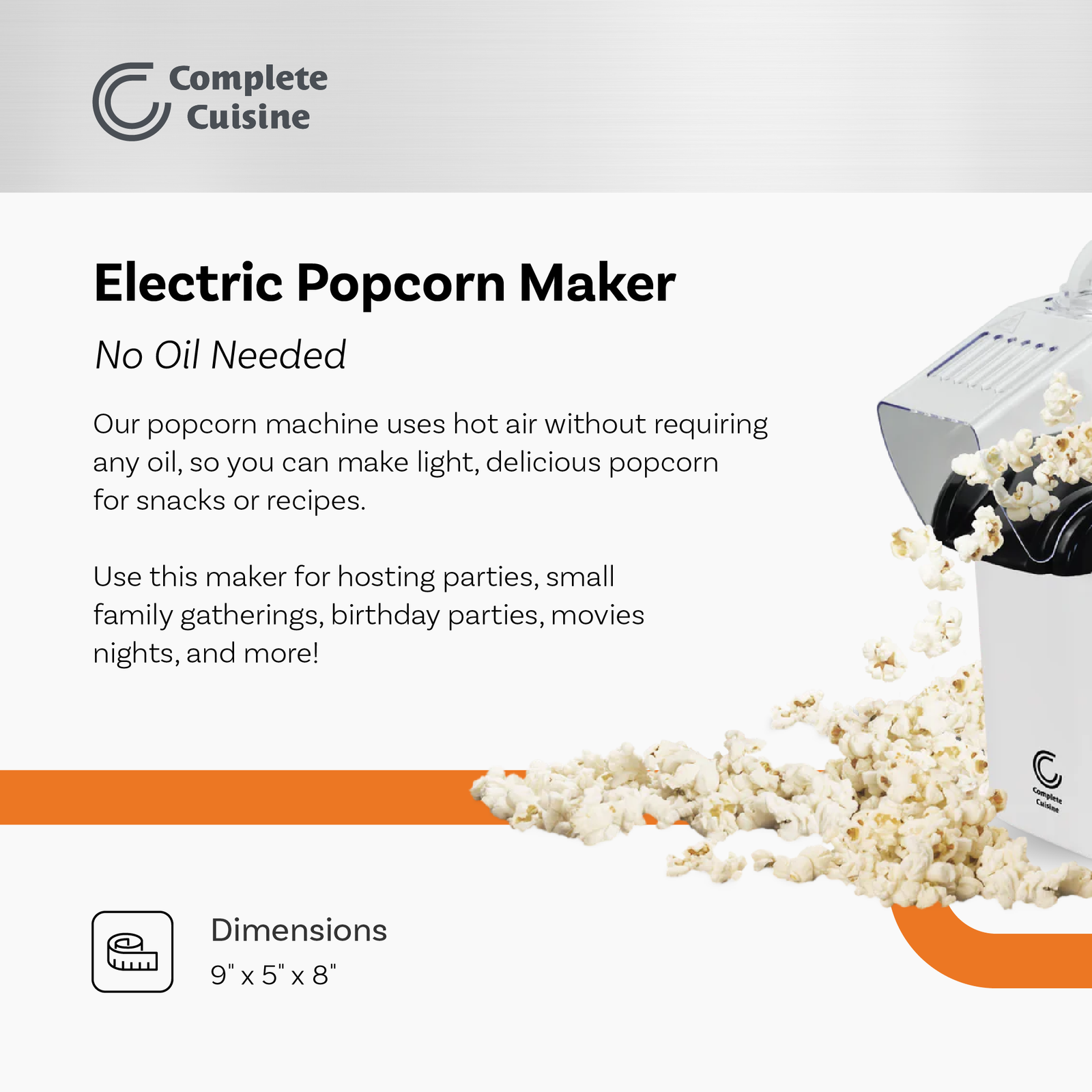 Complete Cuisine CC-PM1100 Hot-Air Countertop Popcorn Maker, White - VMInnovations