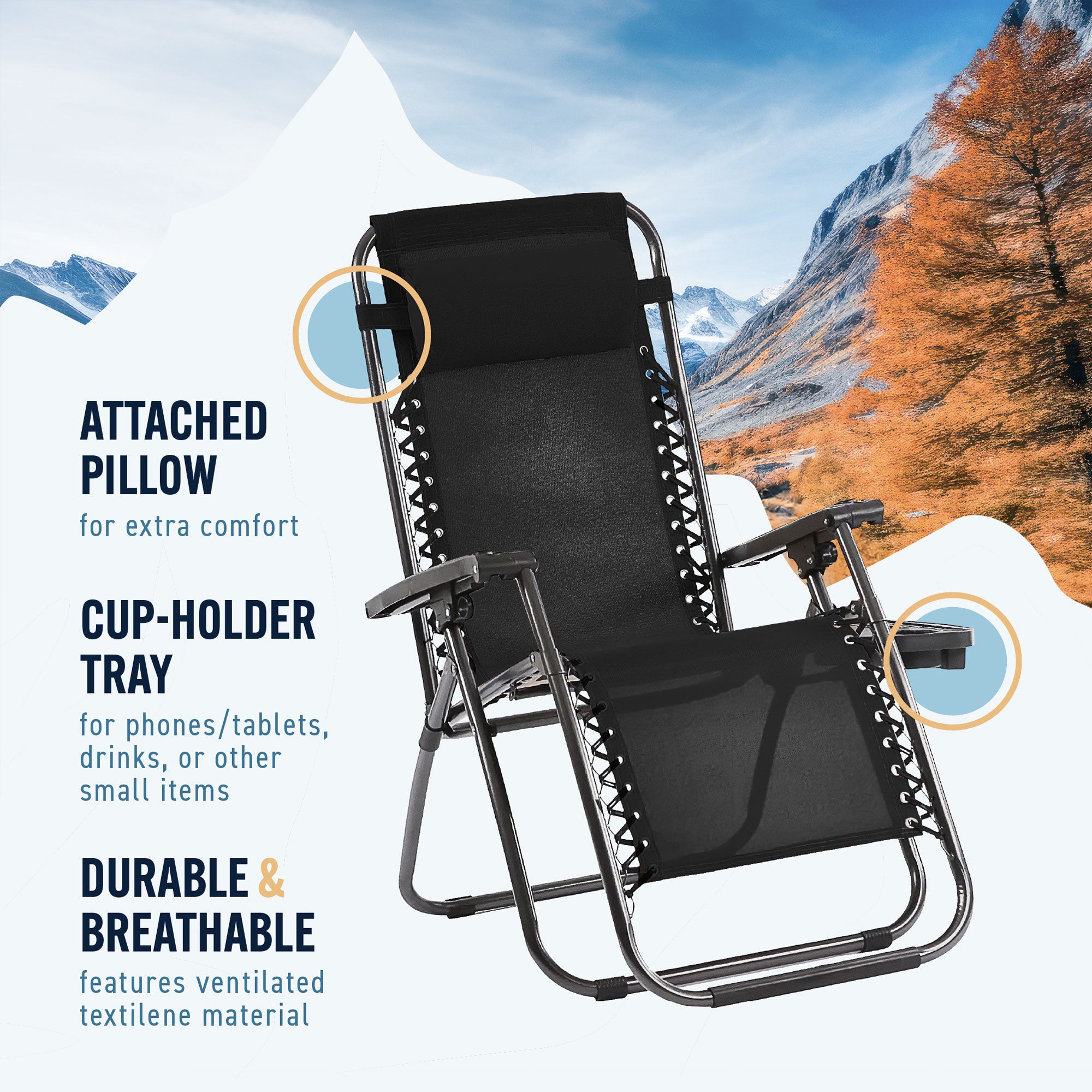 Trappers Peak Adjustable Zero-Gravity Folding Chairs, Set of 2, Black (Open Box) - VMInnovations