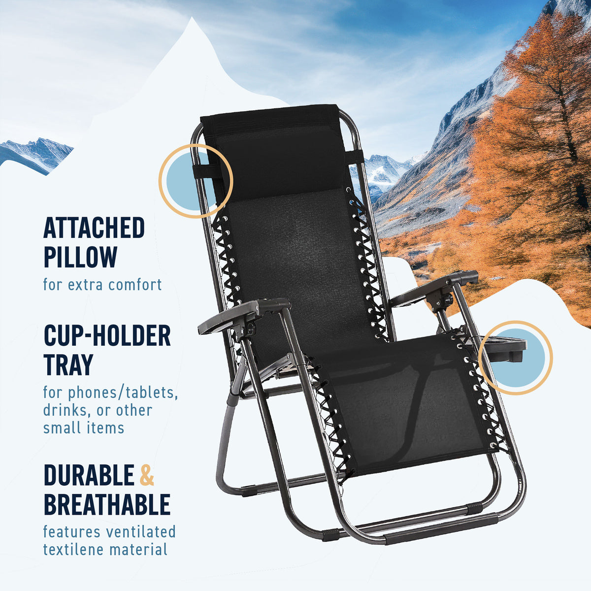 Trappers Peak Adjustable Zero-Gravity Folding Chairs, Set of 2, Black